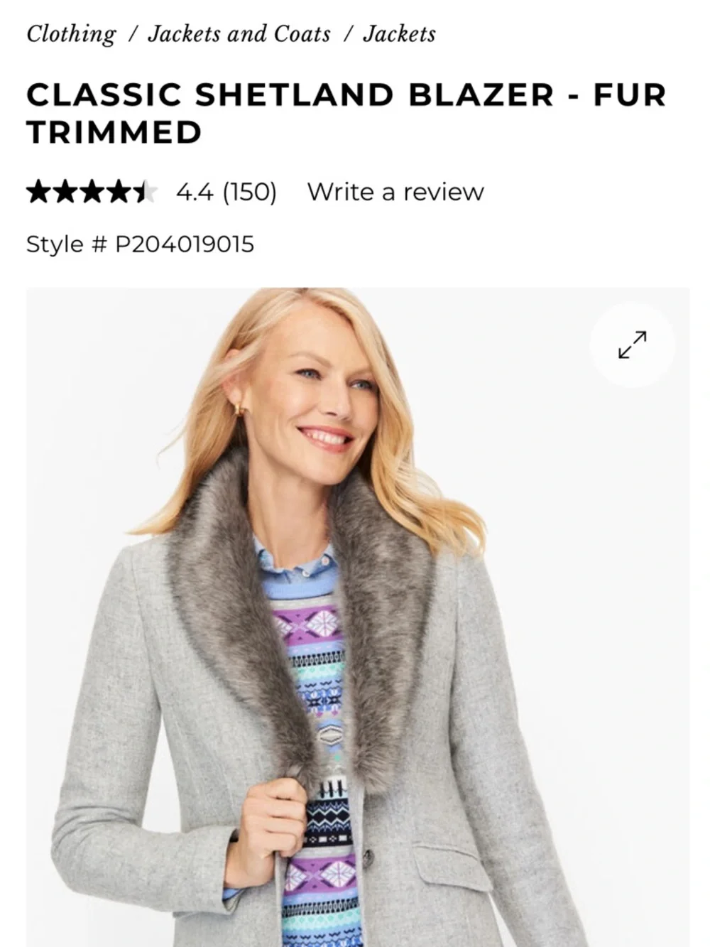 Talbots Women's Gray Shetland Faux Fur Trim Removable Wool Blend Lined Blazer
